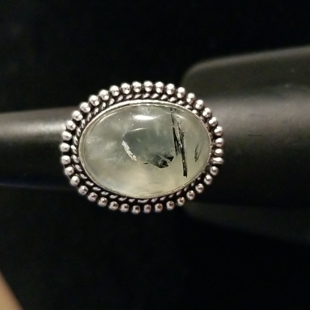 Oval Moss Prehnite Ring in Dotted Setting